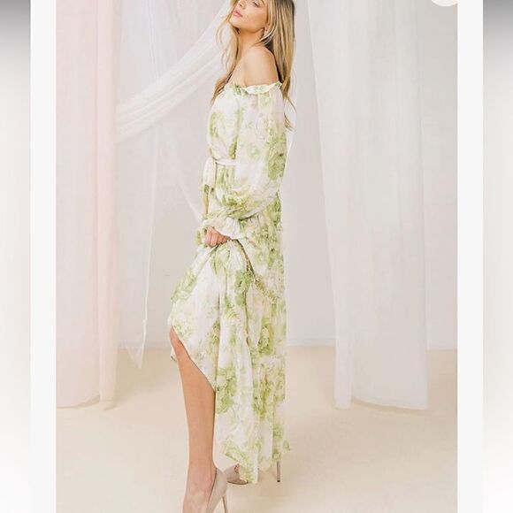 Flying Tomato Cream Green Floral Off Shoulder Flowy Tiered Belted Maxi Dress - Picture 4 of 16